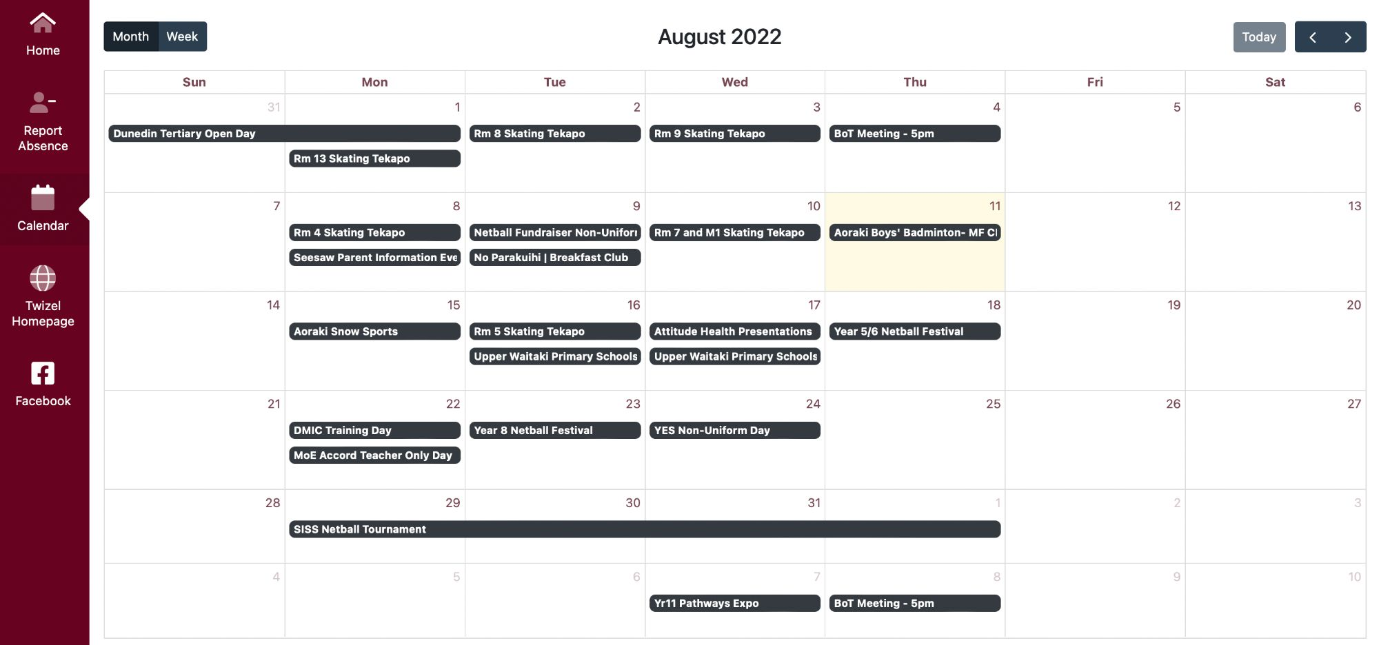 Schoolbridge Web Calendar
