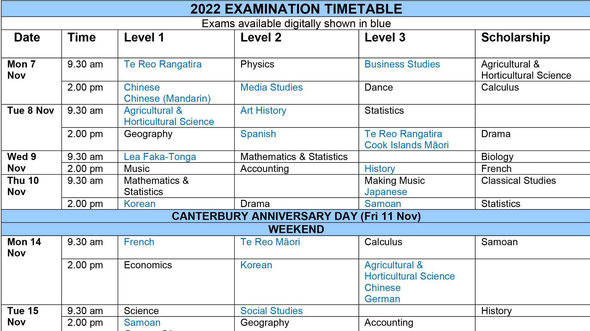 2022 NCEA Exam Timetable